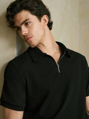 BLACK KNITTED ZIPPER POLO