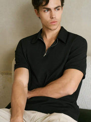 BLACK KNITTED ZIPPER POLO