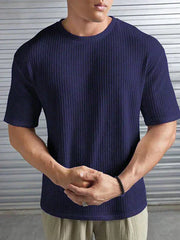 NAVY BLUE WAFFLE ROUND NECK DROP SHOULDER T-SHIRT