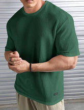 BOTTLE GREEN WAFFLE ROUND NECK DROP SHOULDER T-SHIRT