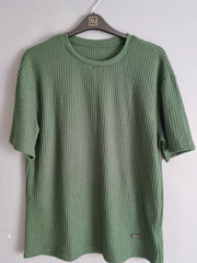 BOTTLE GREEN WAFFLE ROUND NECK DROP SHOULDER T-SHIRT
