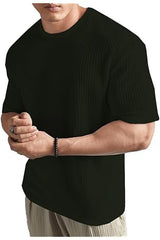 BLACK WAFFLE ROUND NECK DROP SHOULDER T-SHIRT