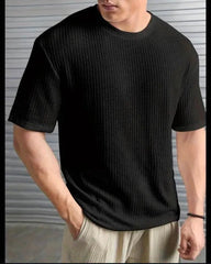 BLACK WAFFLE ROUND NECK DROP SHOULDER T-SHIRT