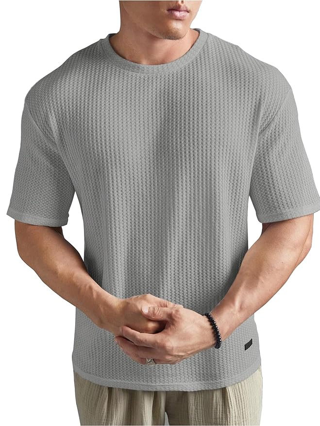 LIGHT GREY WAFFLE ROUND NECK DROP SHOULDER T-SHIRT