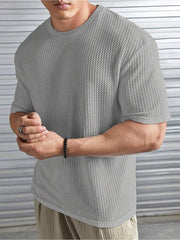LIGHT GREY WAFFLE ROUND NECK DROP SHOULDER T-SHIRT