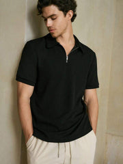 BLACK KNITTED ZIPPER POLO