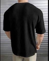 BLACK WAFFLE ROUND NECK DROP SHOULDER T-SHIRT