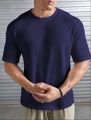 NAVY BLUE WAFFLE ROUND NECK DROP SHOULDER T-SHIRT