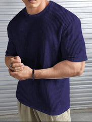 NAVY BLUE WAFFLE ROUND NECK DROP SHOULDER T-SHIRT