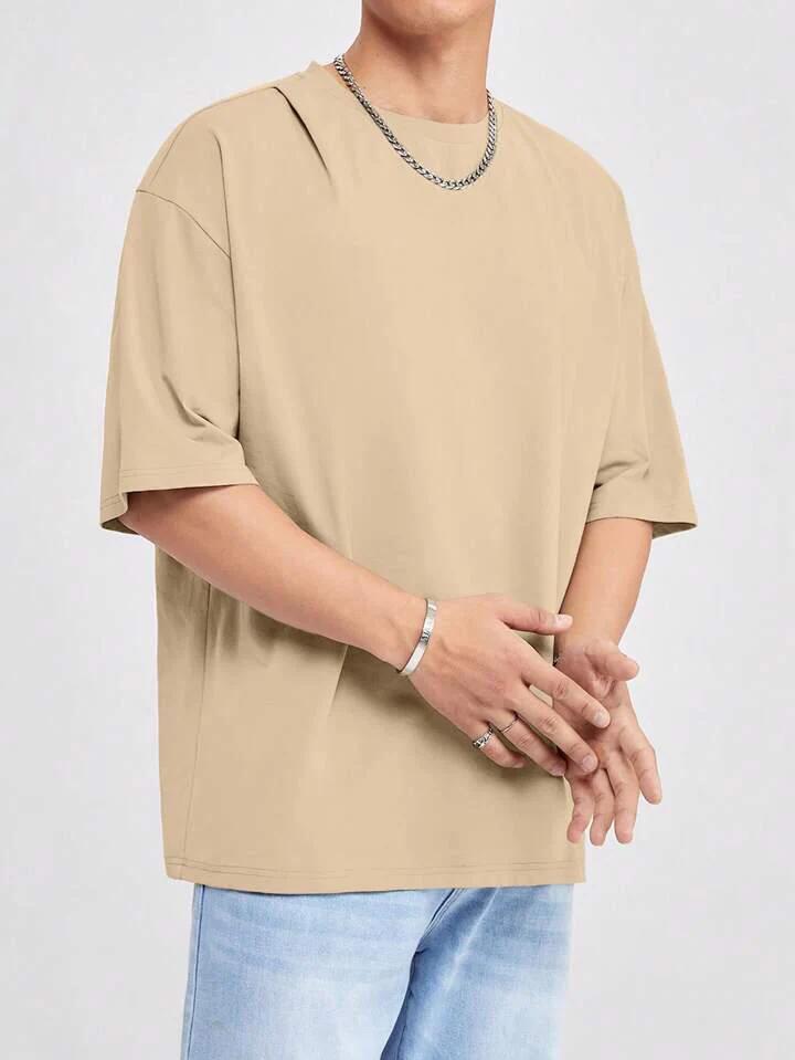 BEIGE MEN'S HYPEMODE LOOSE FIT SOLID COLOR DROP SHOULDER