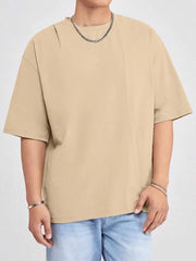 BEIGE MEN'S HYPEMODE LOOSE FIT SOLID COLOR DROP SHOULDER