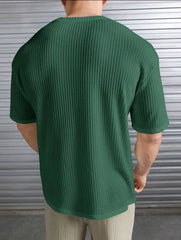 BOTTLE GREEN WAFFLE ROUND NECK DROP SHOULDER T-SHIRT